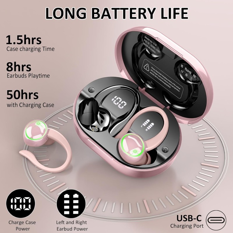 Wireless Earbuds, 2026 New Bluetooth 5.4 Sports Headphones, 50+Hrs Playtime HiFi Stereo Earbuds, 4 ENC Noise Cancelling Mics, IP7 Waterproof Earphones with Earhook for Gym Workouts, USB-C Fast Charge Wireless Earbuds, 2026 New Bluetooth 5.4 Sports Headphones, 50+Hrs Playtime HiFi Stereo Earbuds, 4 ENC Noise Cancelling Mics, IP7 Waterproof Earphones with Earhook for Gym Workouts, USB-C Fast Charge