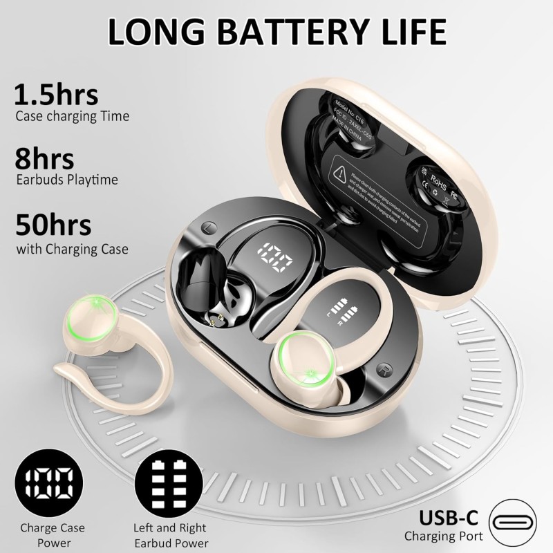 Wireless Earbuds, 2026 New Bluetooth 5.4 Sports Headphones, 50+Hrs Playtime HiFi Stereo Earbuds, 4 ENC Noise Cancelling Mics, IP7 Waterproof Earphones with Earhook for Gym Workouts, USB-C Fast Charge Wireless Earbuds, 2026 New Bluetooth 5.4 Sports Headphones, 50+Hrs Playtime HiFi Stereo Earbuds, 4 ENC Noise Cancelling Mics, IP7 Waterproof Earphones with Earhook for Gym Workouts, USB-C Fast Charge
