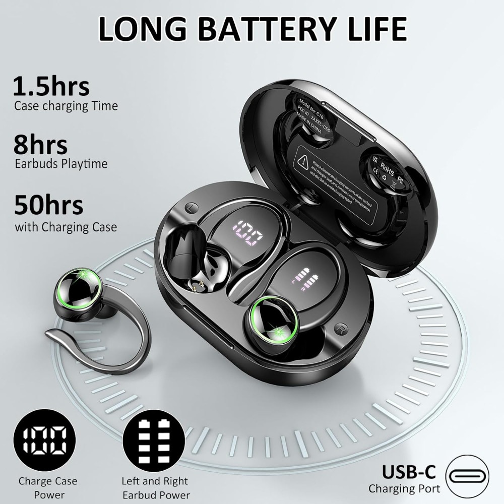 Wireless Earbuds, 2026 New Bluetooth 5.4 Sports Headphones, 50+Hrs Playtime HiFi Stereo Earbuds, 4 ENC Noise Cancelling Mics, IP7 Waterproof Earphones with Earhook for Gym Workouts, USB-C Fast Charge Wireless Earbuds, 2026 New Bluetooth 5.4 Sports Headphones, 50+Hrs Playtime HiFi Stereo Earbuds, 4 ENC Noise Cancelling Mics, IP7 Waterproof Earphones with Earhook for Gym Workouts, USB-C Fast Charge
