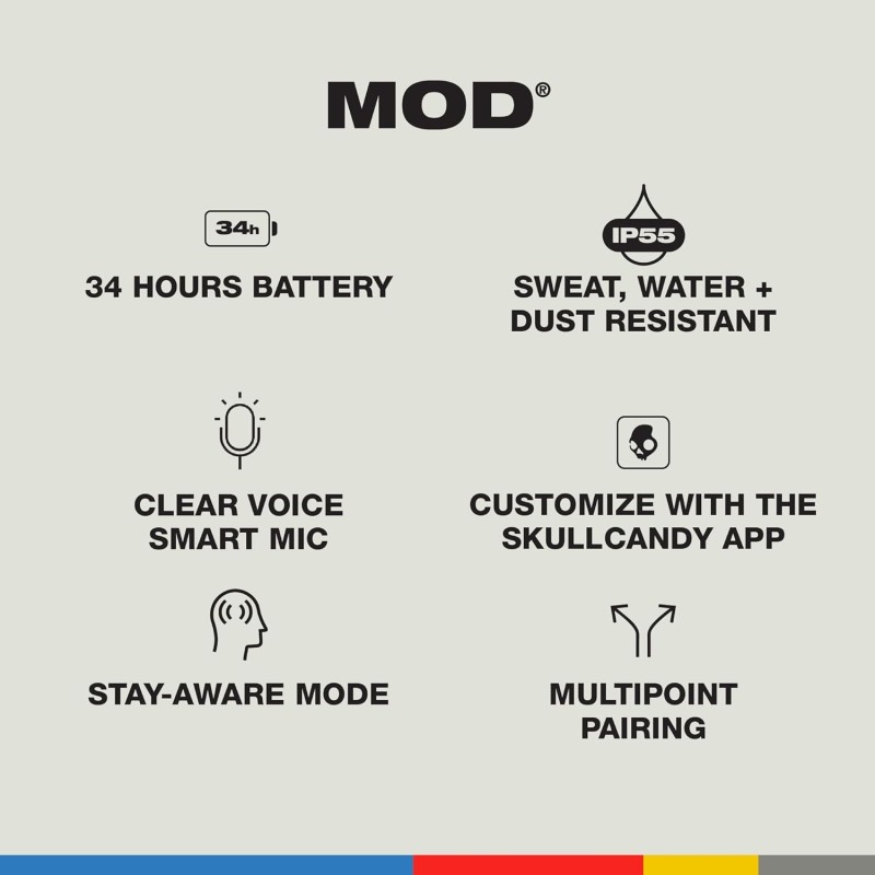 Skullcandy Mod Wireless Earbuds, Bluetooth Headphones, Up to 32 Hours Battery, Noise Isolating Fit, Sweat and Water Resistant, Microphone for iPhone Android - Light Grey/Blue Skullcandy Mod Wireless Earbuds, Bluetooth Headphones, Up to 32 Hours Battery, Noise Isolating Fit, Sweat and Water Resistant, Microphone for iPhone Android - Light Grey/Blue